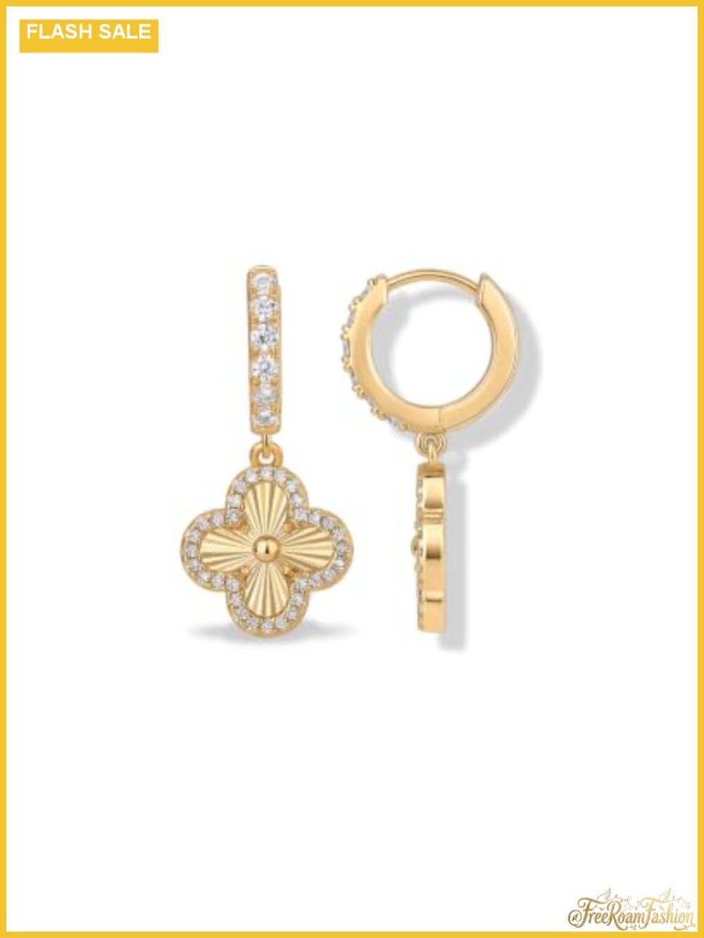 14K Gold Plated Clover Charm Huggie Hoop Drop Earrings CZ